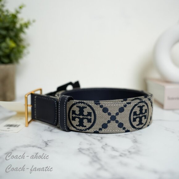 NWT Tory Burch 88072 1.5" T Monogram Logo Jacquard Leather Belt Size M/L - Picture 3 of 6